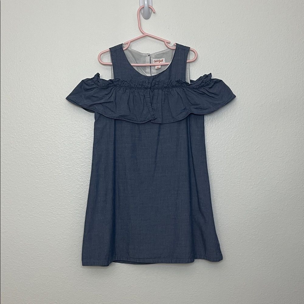 Cat And Jack Girls Cold Shoulder Dress Ruffle Chambray Sleeveless M 7/8 Lined x3